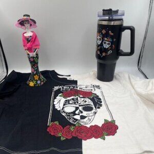Day of the Dead Set T-shirt Women’s Sz XL Sugar Skull Tumbler Catrina Doll‎
